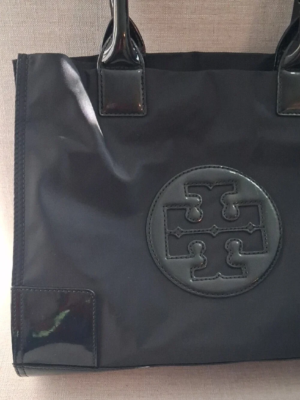 Tory Burch Black Nylon Tote with Patent Trim and Logo